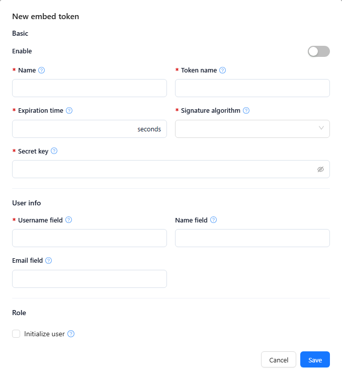 New embed token dialog