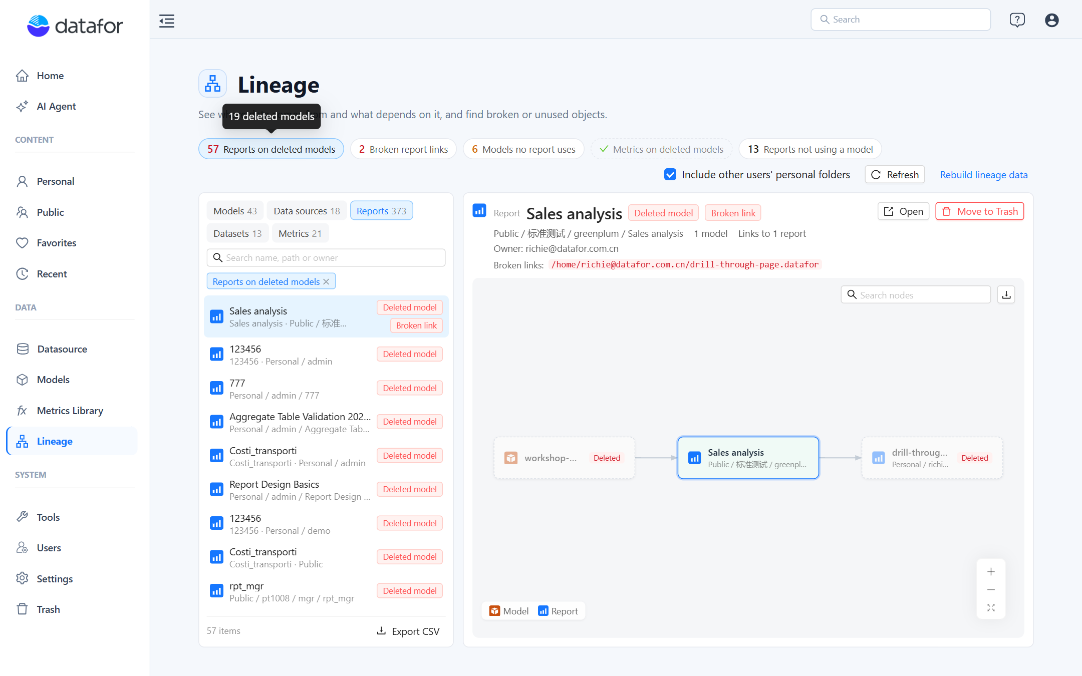 Health filter "Reports on deleted models" active: the report list shows only affected reports, and the selected one has a Deleted model and a Broken link label, a Move to Trash button and the broken path