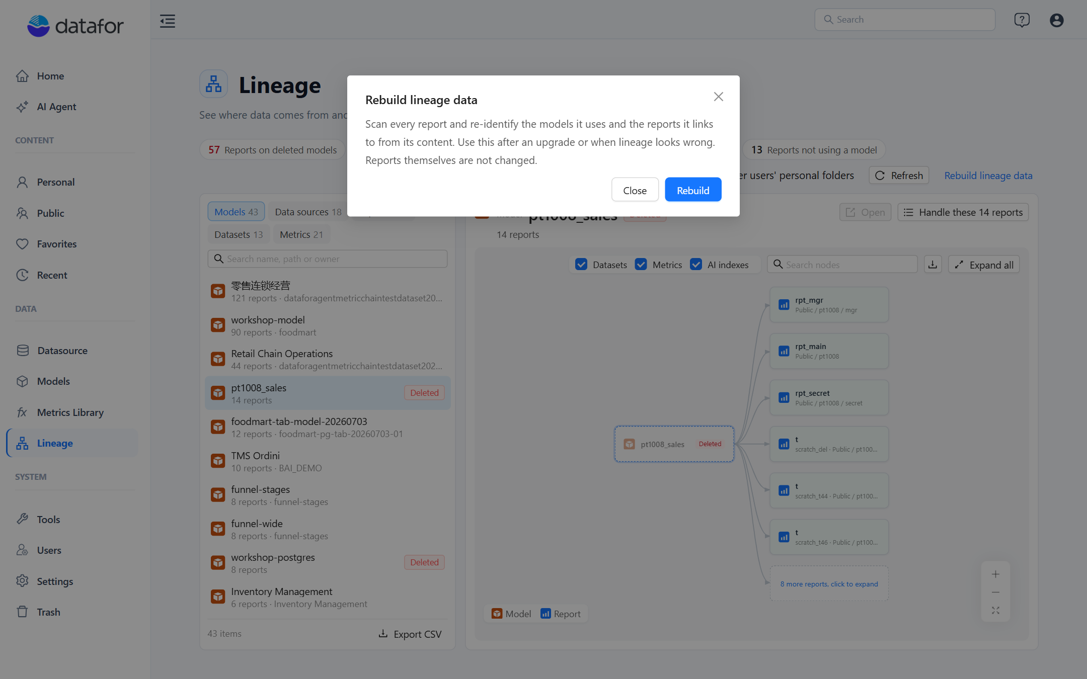 Rebuild lineage data dialog