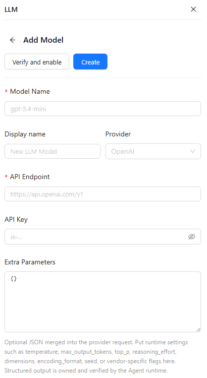 Add Model form with Verify and enable, Create, Model Name, Display name, Provider, API Endpoint, API Key and Extra Parameters with its help text
