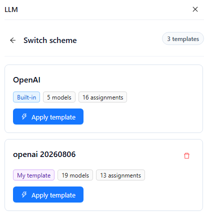 Switch scheme with the built-in OpenAI template and a custom template, each with Apply template
