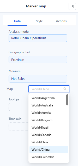 Marker map Data tab: Geographic field, Measure and the searchable Map list with World/China selected