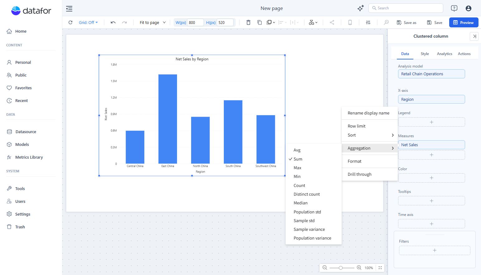 Aggregation choices in the current field menu