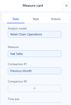 Measure card Data tab: Net Sales in Measure and a calculated Previous Month measure in Comparison #1