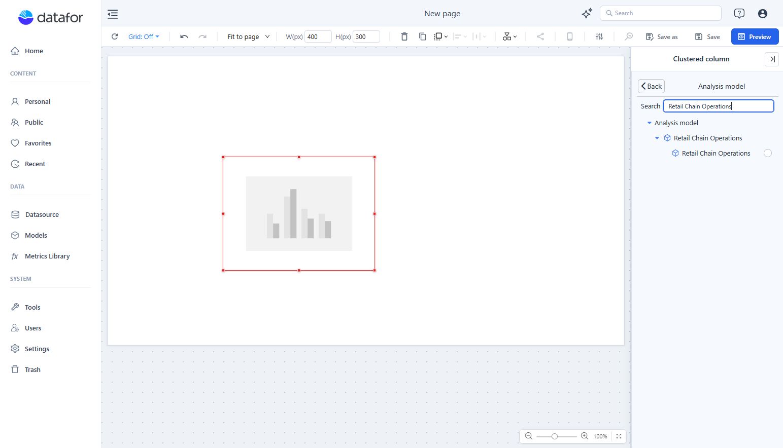 The analysis model picker: the model Retail Chain Operations and its cube of the same name
