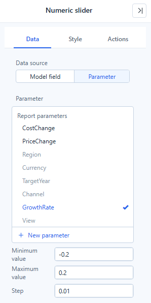 Numeric slider bound to the report parameter GrowthRate with Minimum -0.2, Maximum 0.2 and Step 0.01