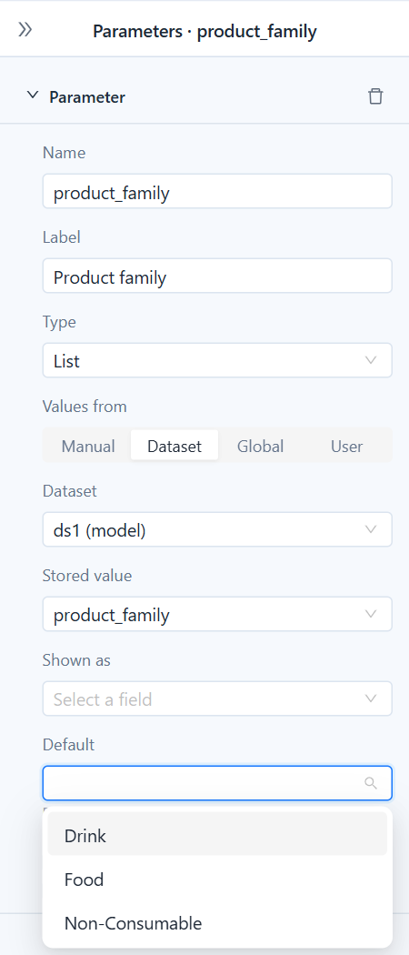 Parameter product_family with Type List and Values from Dataset: dataset ds1 (model), stored value product_family, and the Default drop-down listing Drink, Food and Non-Consumable