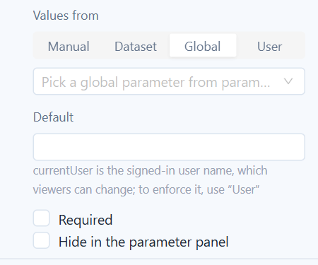 Values from Global with the picker "Pick a global parameter from parameter management", followed by the Default box