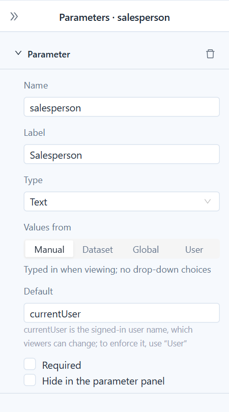 Parameter salesperson with Type Text and Values from Manual. The note reads "Typed in when viewing; no drop-down choices", the Default box contains currentUser, and the hint below explains that viewers can change it