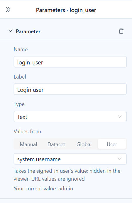 Parameter login_user with Values from User, system variable system.username, the note "Takes the signed-in user's value; hidden in the viewer, URL values are ignored" and "Your current value: admin"