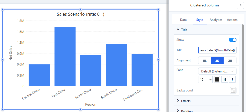 Style → Title holds the template with ${GrowthRate}; the chart shows the resolved title Sales Scenario (rate: 0.1)