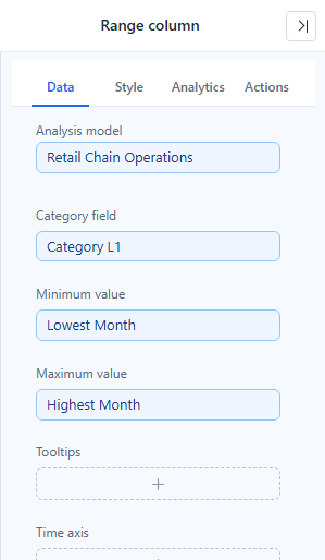 Range column Data tab: Category L1 in Category field, a calculated Lowest Month in Minimum value and Highest Month in Maximum value