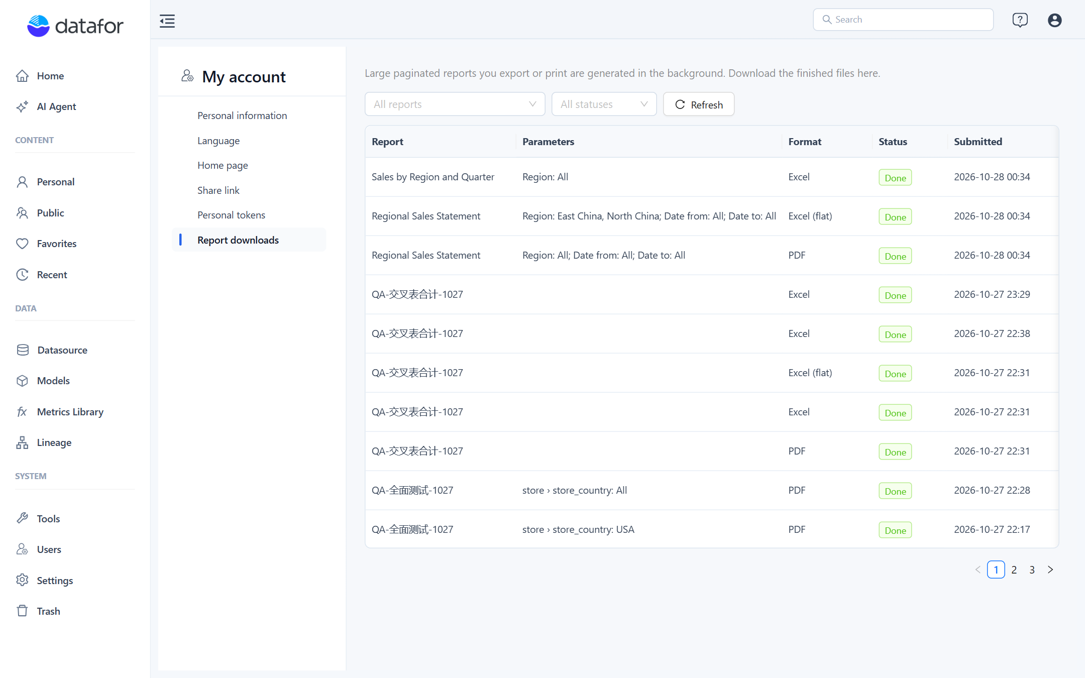 My account › Report downloads with completed, running and failed tasks