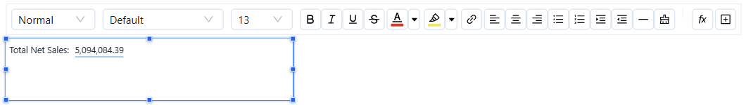 The editing toolbar above a Rich text component that contains a value block showing total Net Sales