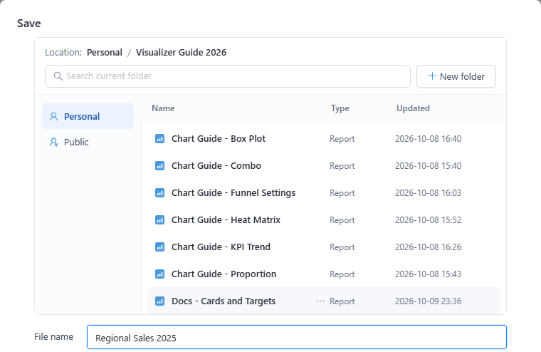 The Save dialog in Personal / Visualizer Guide 2026 with Regional Sales 2025 entered as the file name
