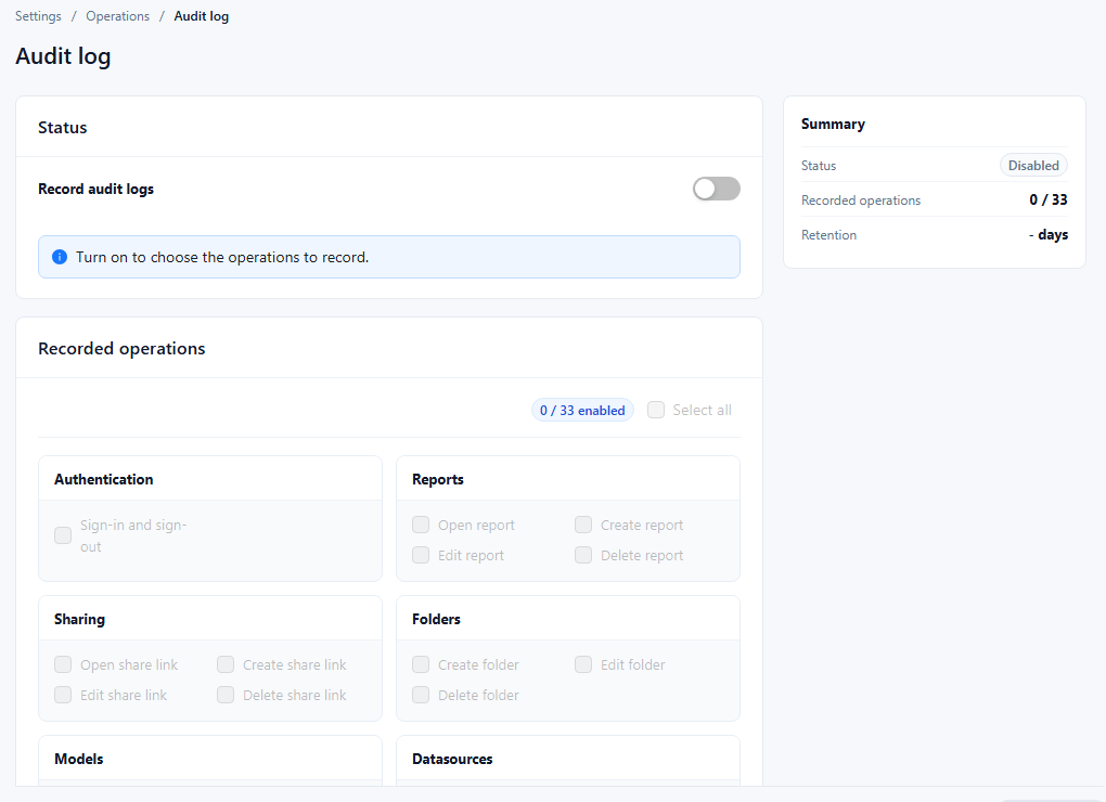 Audit log page with the Record audit logs switch, Recorded operations groups, and the Summary panel