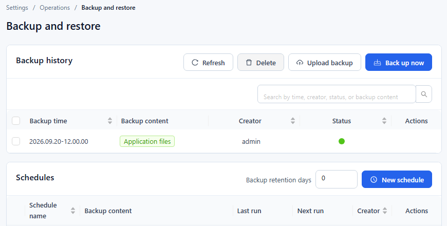 Backup and restore page with the Backup history panel and the header of the Schedules panel