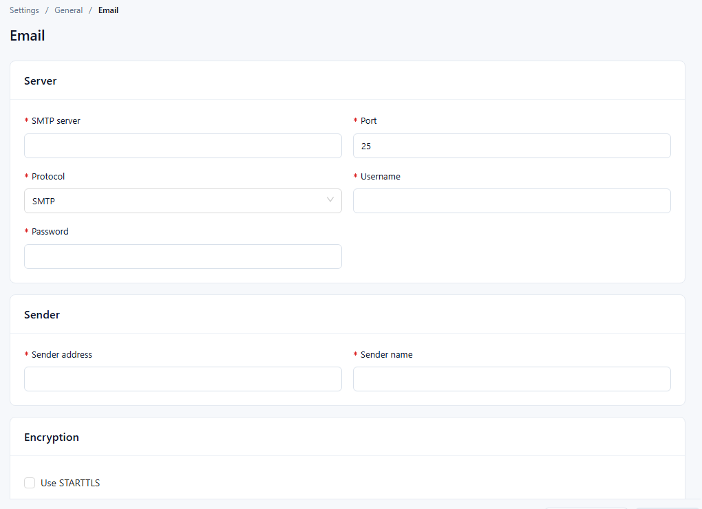 Email settings page