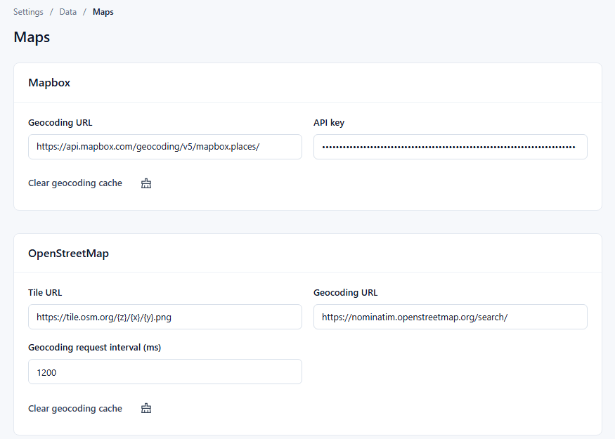 Settings → Data → Maps: the Mapbox and OpenStreetMap cards with URL fields, the masked API key and Clear geocoding cache