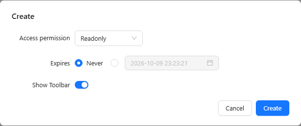 Create dialog with Access permission Readonly, Expires Never, Show Toolbar on, and Cancel and Create