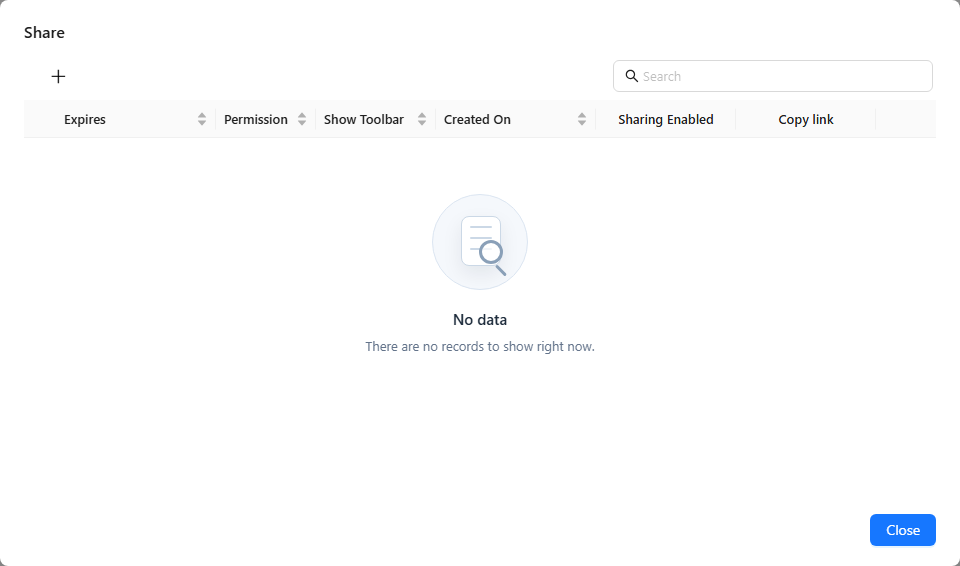 Share dialog with the New (+) button, the search box and the columns Expires, Permission, Show Toolbar, Created On, Sharing Enabled and Copy link