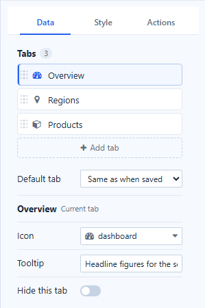 Tabs list with Default tab and the current tab's settings