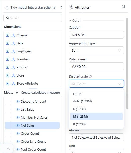 Net Sales properties showing Data Format and the English Display scale options None, Auto, K, M, and B