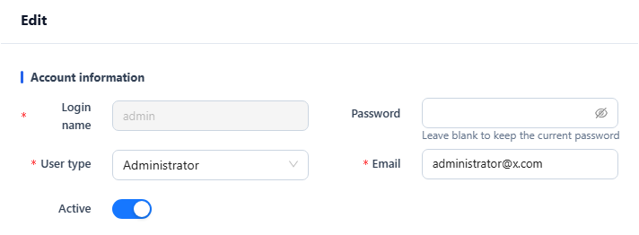 Edit user form with an empty Password field and the hint Leave blank to keep the current password