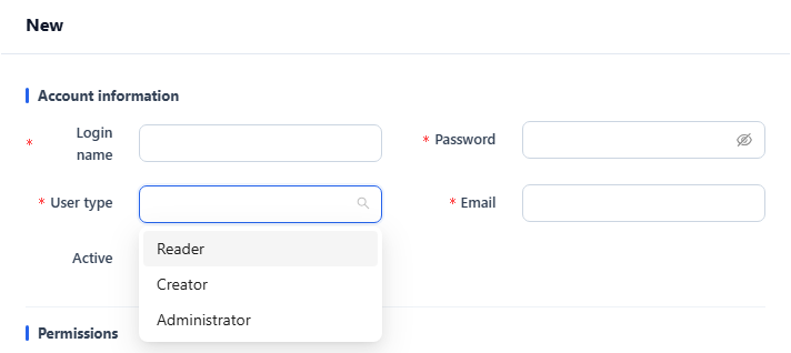 User type dropdown in the New user form with Reader, Creator and Administrator