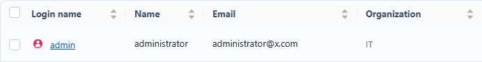 User list with the login name admin as a link