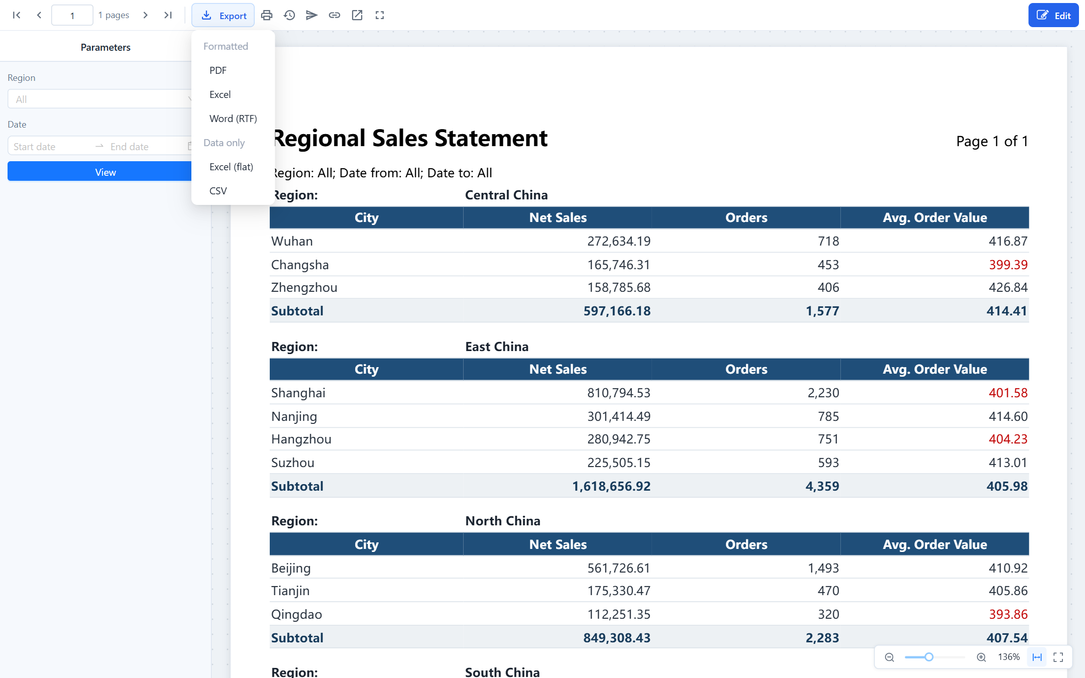 Export menu with the Formatted group (PDF, Excel, Word) and the Data only group (Excel flat, CSV)