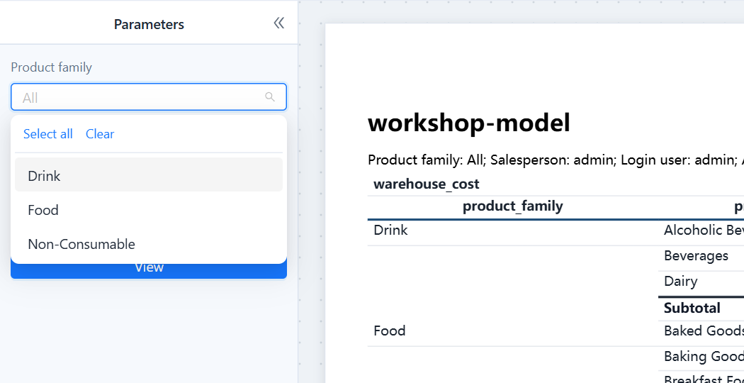 Viewer parameter panel with Product family open: Select all and Clear at the top of the drop-down, and the choices Drink, Food and Non-Consumable; the filter summary on the page reads Product family: All