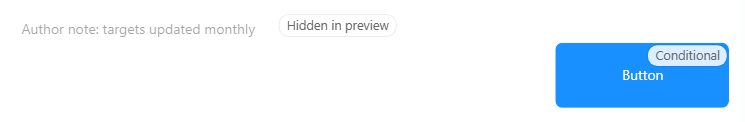 In the editor, a Text set to Hidden in preview and an Action button with a parameter rule marked Conditional