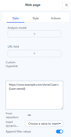 Web page Data panel: Custom Hyperlink with an inserted dynamic value, From repository, Insert dynamic value and Append filter values