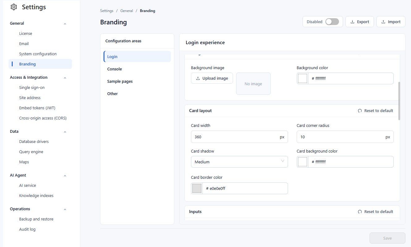 Branding, Login area: Background and Card layout groups, the main switch, Export, Import and Save