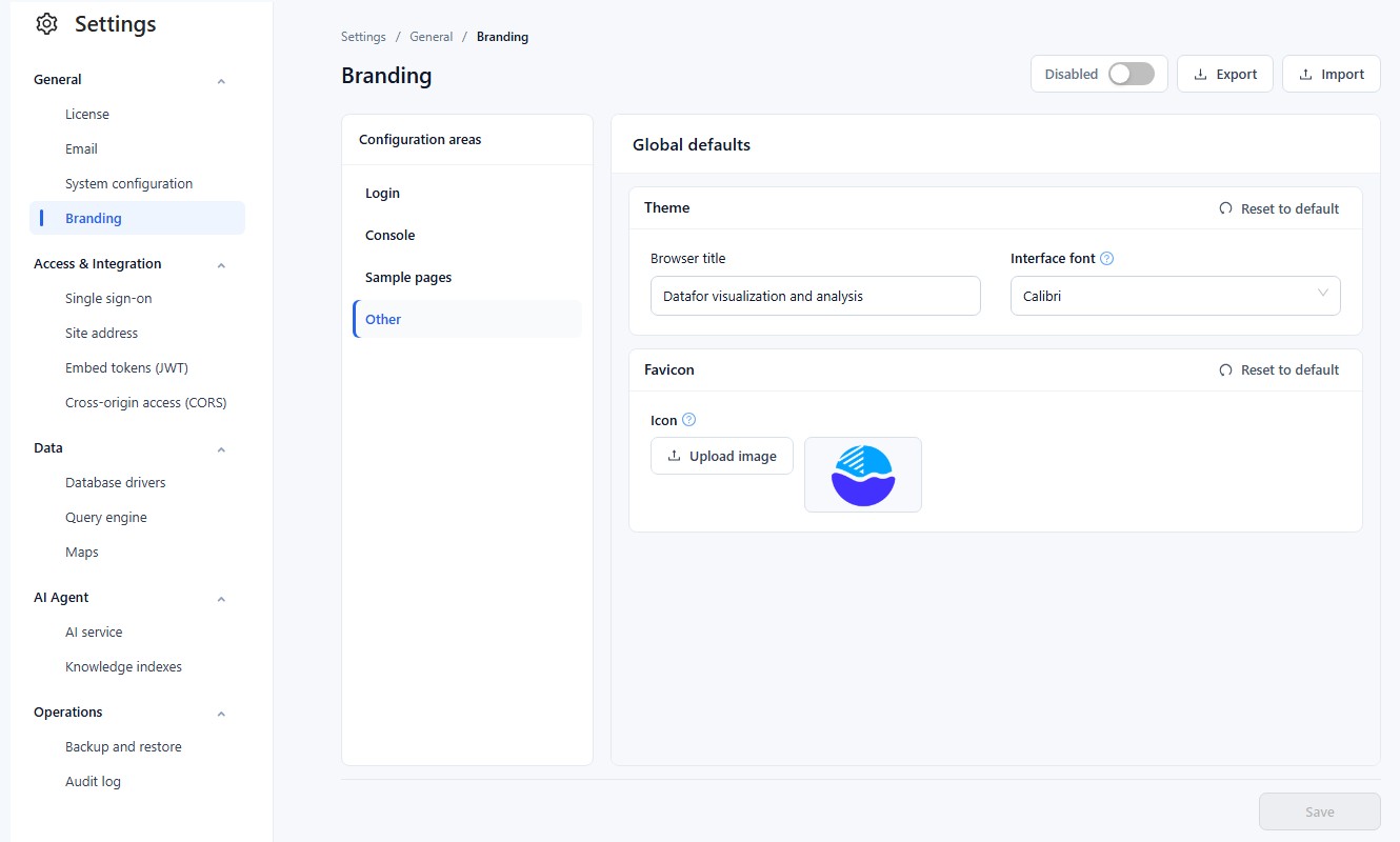 Other area: Browser title, Interface font and Favicon