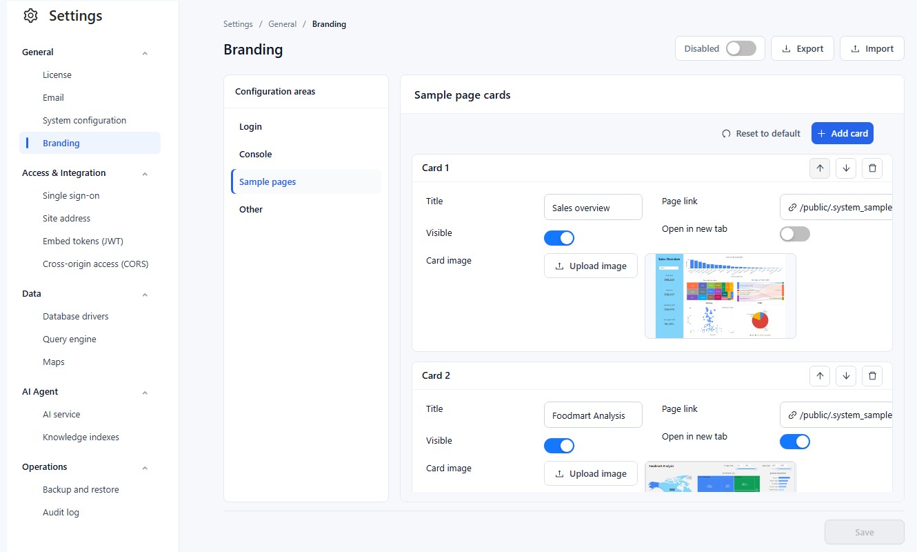 Sample pages: cards with title, page link, visibility, image and reorder controls